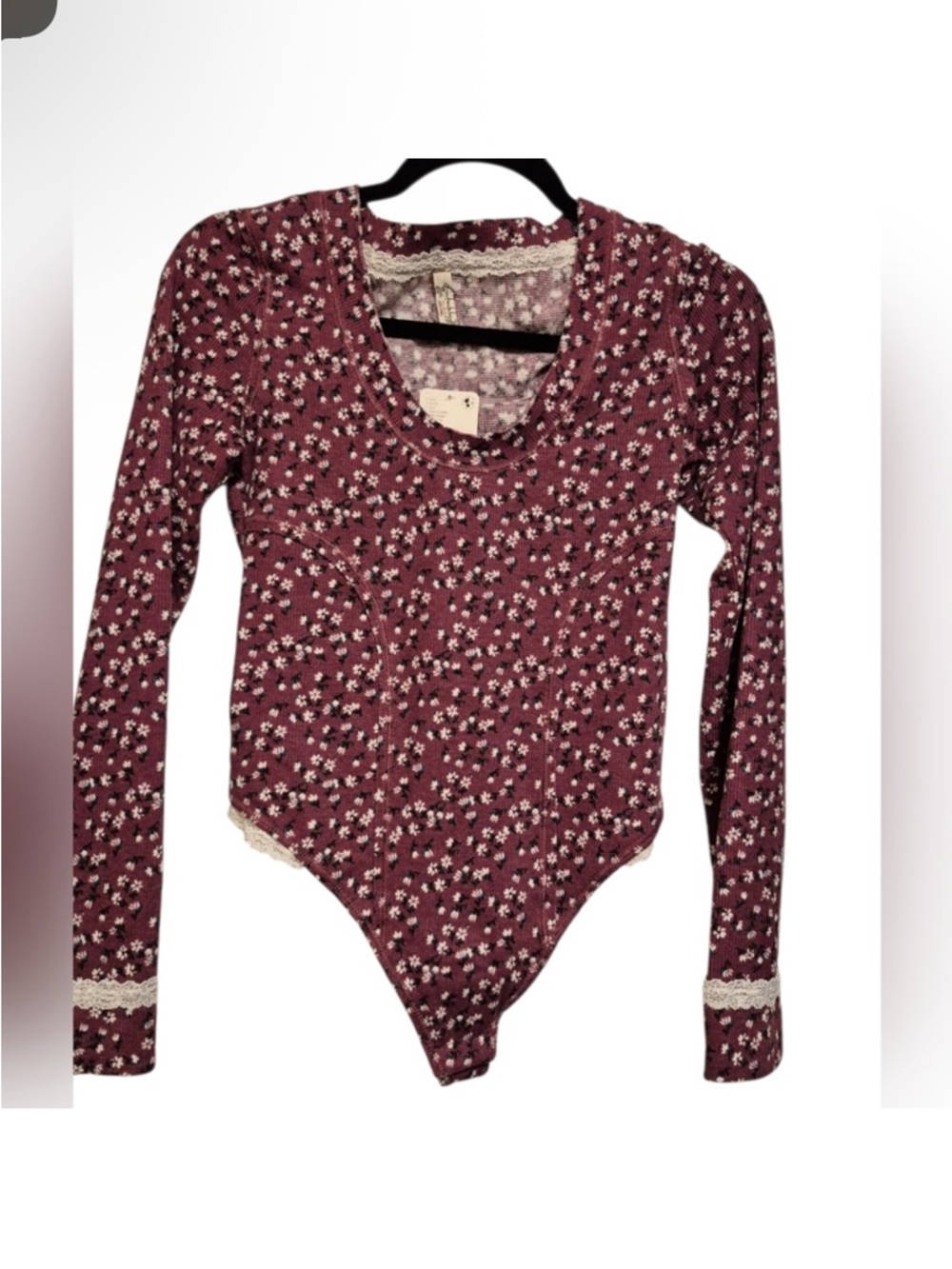 Free People Sugar Dreams Lace Trim Bodysuit in Wine Combo